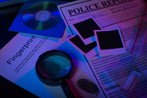 A darkly lit photo of a table with police evidence and tools including a magnifying glass and polaroid pictures.