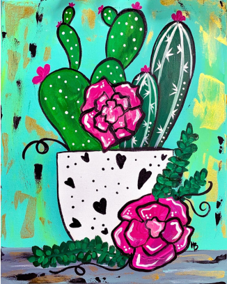 Image is a painting of a cactus in a black and white pot with hearts on it. The cactus has pink flowers, and the background is turquoise with gold accents.