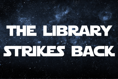 A picture of space with the words "the library strikes back" over it.