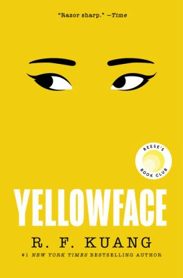 Image is the cover of the book Yellowface by R. F. Kuang. It is yellow with a pair of feminine eyes looking to the side.