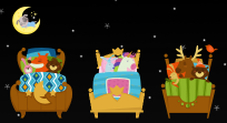 Clipart image of night sky with stuffed animals in bed and a stuffed animal sleeping on the moon.