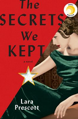 "The Secrets we Kept" book cover--a diagonal line goes down the center. On the top half there is a red background with the title written in black letters. The bottom half shows a woman with brown hair and an old fashioned green dress, seated.