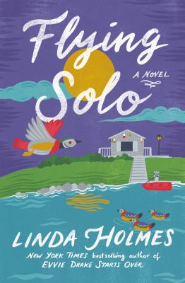 Image is the cover of the book Flying Solo. It has a yello sun in a purple sky with a flying goose and a boathouse on a body of water.