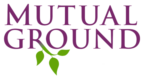 Words "Mutual Ground" in purple font with a green curved branch and leaves as the kickstand of the "R"