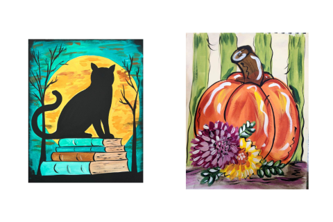 Two paintings, one is a cat on books. The other is an orange pumpkin with mums in front.