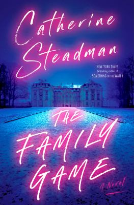 Image is the cover of the book The Family Game, and has a blue background with a mansion and the title and author's name written in hot pink script.