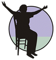 Image is of a light purple and green circle with a seated person with their arms raised.