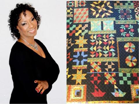 A picture of presenter Connie Martin next to a colorful patchwork quilt.