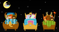 Clipart pictures of stuffed animals in beds with a stuffed animal in a crescent moon.