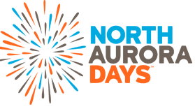 Exploding firework in blue, brown, and orange next to "North Aurora Days" in the same colors (one per word, 3 words stacked).