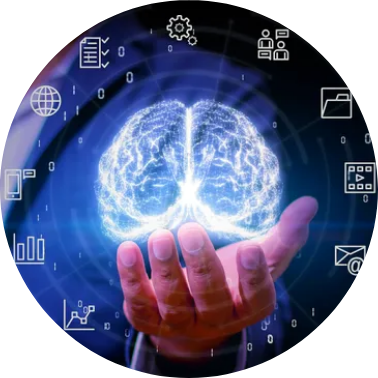 Image is a blue and black circle with an outstretched hand holding a transparent glowing brain surrounded by symbols.