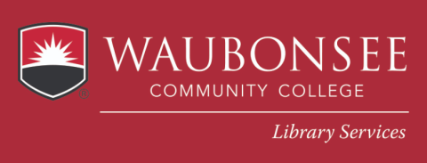 Waubonsee Community College logo: red rectangle with a small crest on the left and the name of the college on the right. The crest is a white sunburst on a horizon line with black at the bottom and red at the top.