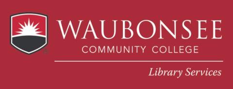 Waubonsee Community College logo: red rectangle with a small crest on the left and the name of the college on the right. The crest is a white sunburst on a horizon line with black at the bottom and red at the top.