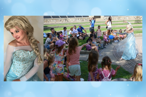 Picture of a snow queen and a picture of snow queen performing in front of a group of families. Blue background.