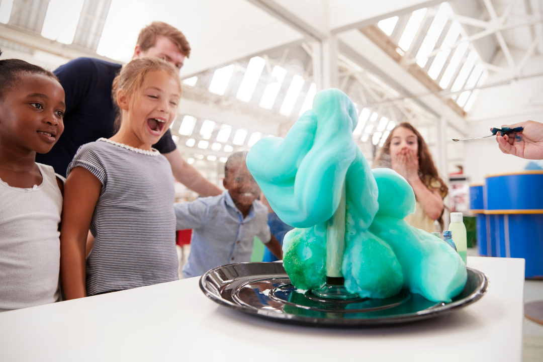 a group of children overlook an elephant paste experiment