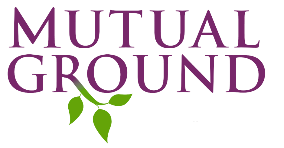 Words "Mutual Ground" in purple font with a green curved branch and leaves as the kickstand of the "R"