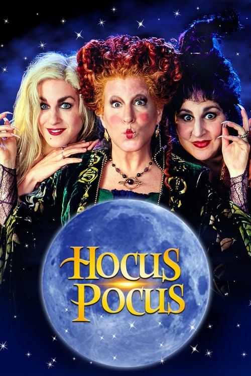 The movie cover for Hocus Pocus. Three adult witches hover over a magic ball.