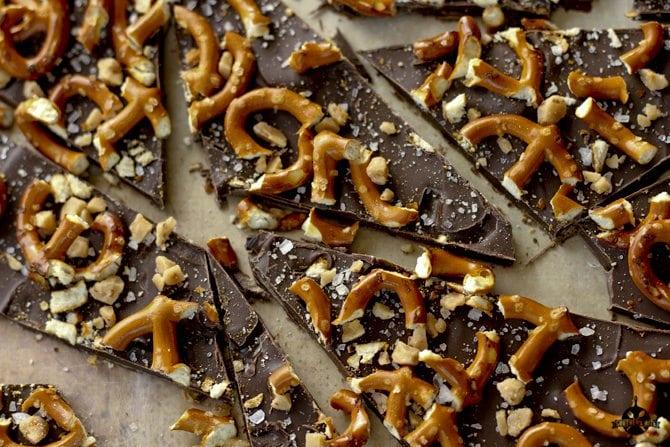 A pan of salted dark chocolate pretzel bark