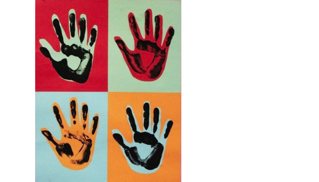 handprints in the style of Andy Warhol's Campbell's soup art