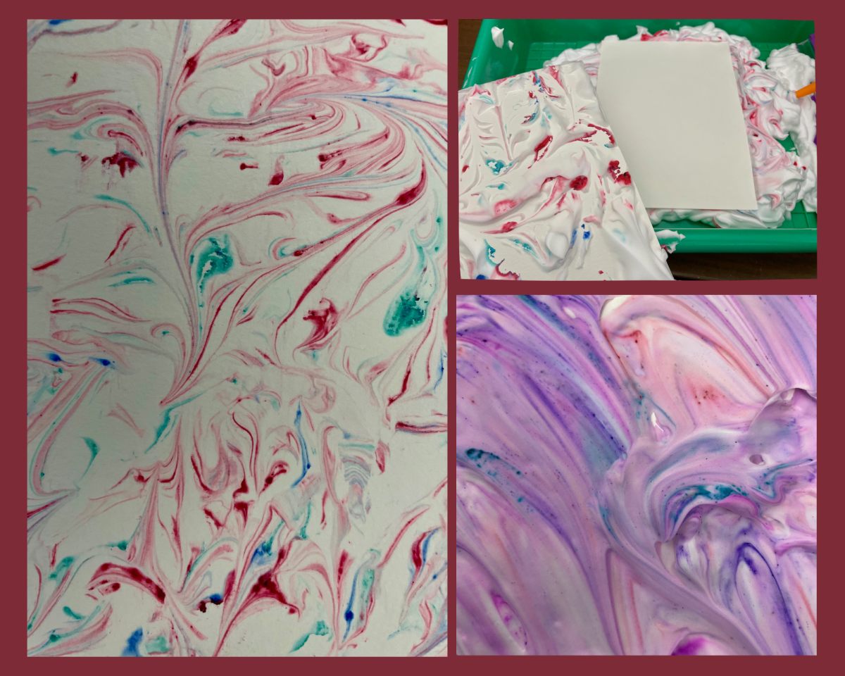 collage of marbled paper and tools to do craft