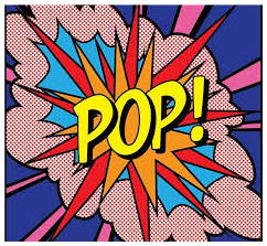 The word Pop! on a colorful starburst background in the style of Roy Lichtenstein